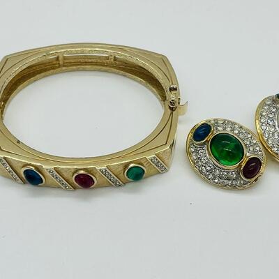 Lot 50: Vintage Costume Bracelet w/Safety Latch/ Multicolor Cabachons/Rhinestone w/ Matching Clip-on Earrings