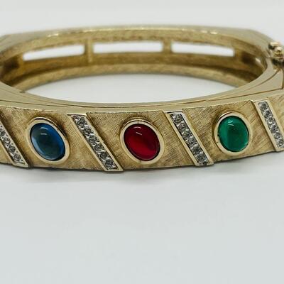 Lot 50: Vintage Costume Bracelet w/Safety Latch/ Multicolor Cabachons/Rhinestone w/ Matching Clip-on Earrings