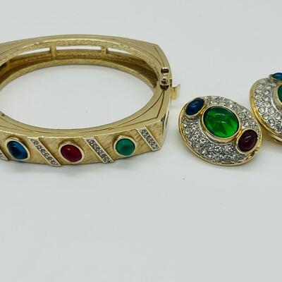 Lot 50: Vintage Costume Bracelet w/Safety Latch/ Multicolor Cabachons/Rhinestone w/ Matching Clip-on Earrings