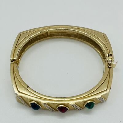 Lot 50: Vintage Costume Bracelet w/Safety Latch/ Multicolor Cabachons/Rhinestone w/ Matching Clip-on Earrings