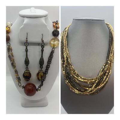 Lot 53: Earth-tone Beaded Necklace/ Earring Set & "Blingy" Beaded Multi Strand Necklace