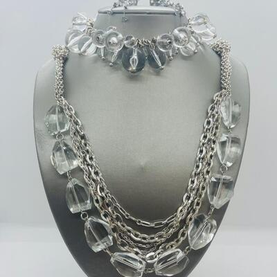 Lot 56: Multi Strand Beaded Necklace, Bracelet and Clip On Earrings