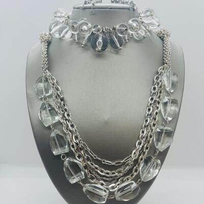 Lot 56: Multi Strand Beaded Necklace, Bracelet and Clip On Earrings