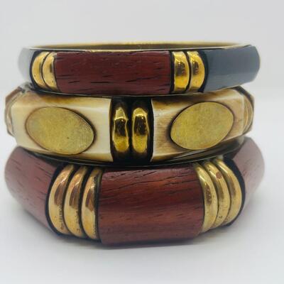 Lot 57: Vintage Multi Strand Beaded Necklace and 3 Bangle Bracelets w/Brass Accents
