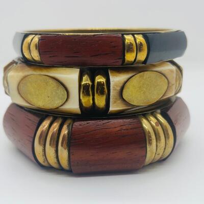 Lot 57: Vintage Multi Strand Beaded Necklace and 3 Bangle Bracelets w/Brass Accents