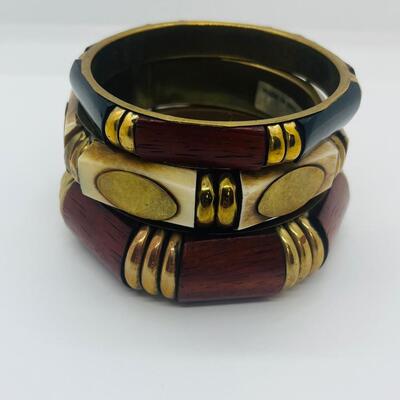 Lot 57: Vintage Multi Strand Beaded Necklace and 3 Bangle Bracelets w/Brass Accents