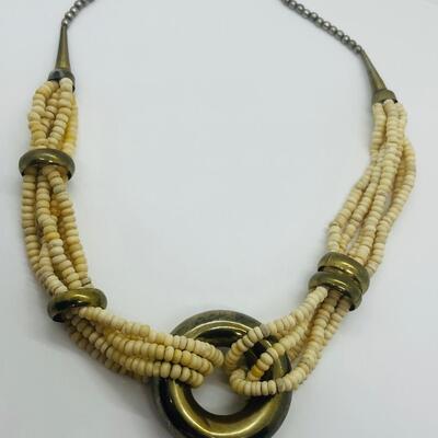 Lot 57: Vintage Multi Strand Beaded Necklace and 3 Bangle Bracelets w/Brass Accents
