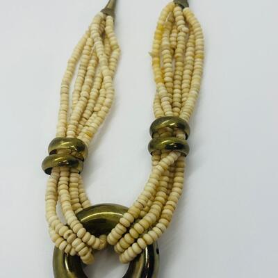 Lot 57: Vintage Multi Strand Beaded Necklace and 3 Bangle Bracelets w/Brass Accents