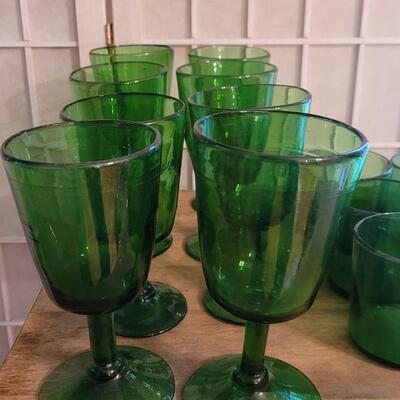 Lot 1: Vintage Blown Green Glass (8) Goblets and (6) Lowballs