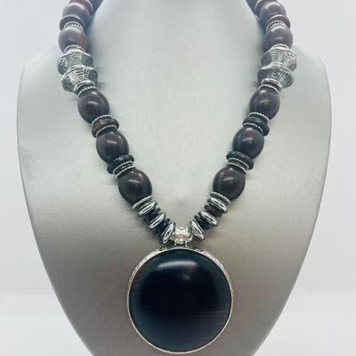 Lot 61: Vintage Chunky Silvertone and Wood Beaded Necklace