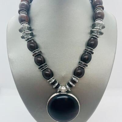 Lot 61: Vintage Chunky Silvertone and Wood Beaded Necklace