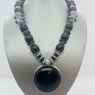 Lot 61: Vintage Chunky Silvertone and Wood Beaded Necklace