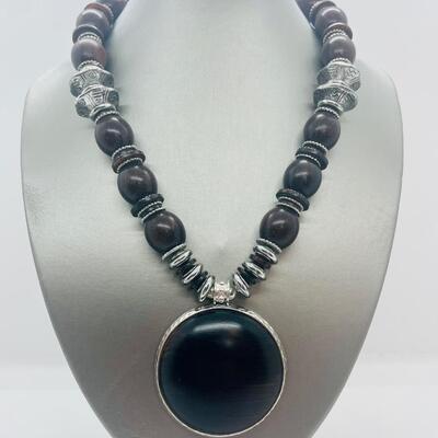 Lot 61: Vintage Chunky Silvertone and Wood Beaded Necklace