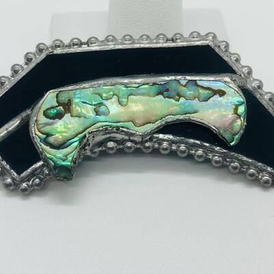 Lot 67: Vintage Sterling Abstract Brooch in Onyx and Abolone