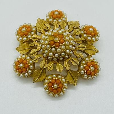 Lot 70: Vintage Costume Brooch Coral and Pearl Seed Bead Designed