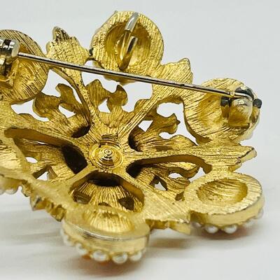 Lot 70: Vintage Costume Brooch Coral and Pearl Seed Bead Designed