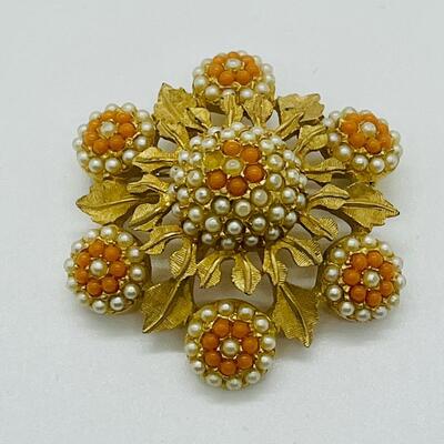 Lot 70: Vintage Costume Brooch Coral and Pearl Seed Bead Designed
