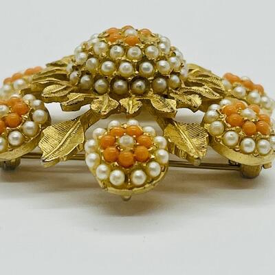 Lot 70: Vintage Costume Brooch Coral and Pearl Seed Bead Designed