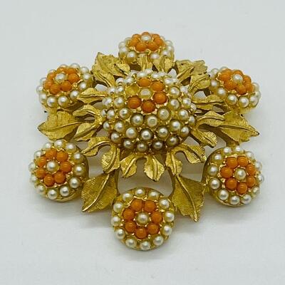 Lot 70: Vintage Costume Brooch Coral and Pearl Seed Bead Designed