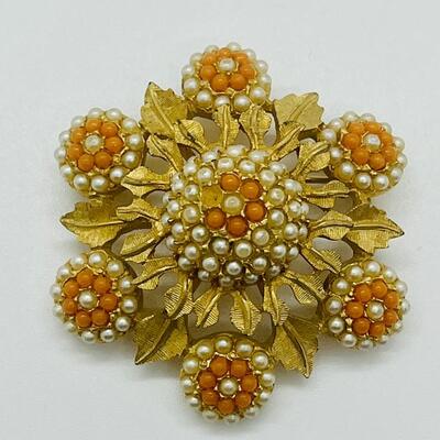 Lot 70: Vintage Costume Brooch Coral and Pearl Seed Bead Designed