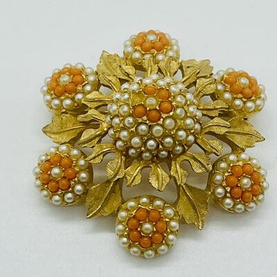 Lot 70: Vintage Costume Brooch Coral and Pearl Seed Bead Designed