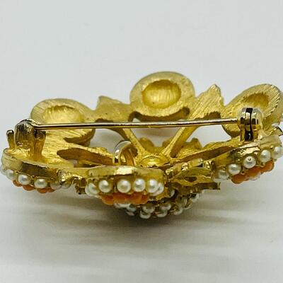 Lot 70: Vintage Costume Brooch Coral and Pearl Seed Bead Designed