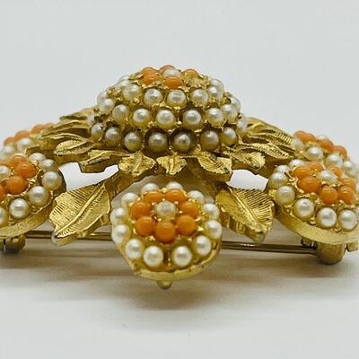 Lot 70: Vintage Costume Brooch Coral and Pearl Seed Bead Designed