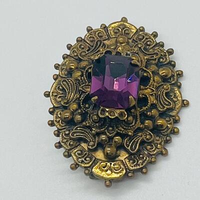 Lot 72: Ornate Antique/Vintage Costume Brooch w/ Purple Glass Center