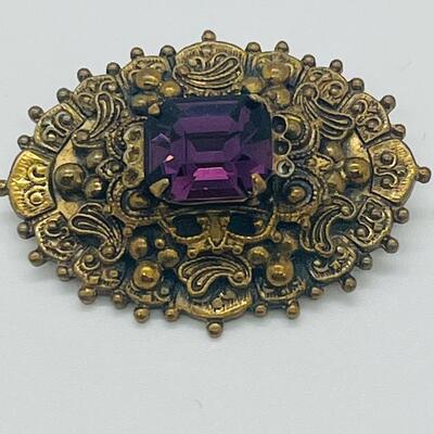 Lot 72: Ornate Antique/Vintage Costume Brooch w/ Purple Glass Center