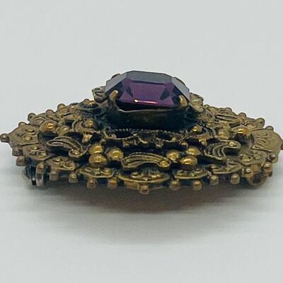 Lot 72: Ornate Antique/Vintage Costume Brooch w/ Purple Glass Center