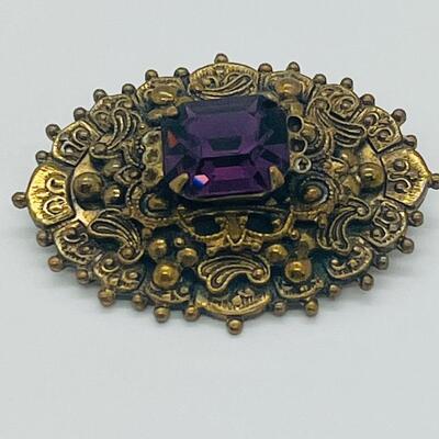 Lot 72: Ornate Antique/Vintage Costume Brooch w/ Purple Glass Center