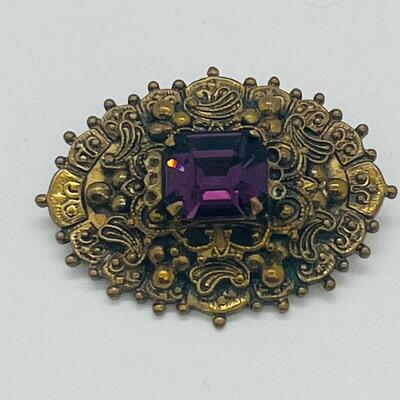 Lot 72: Ornate Antique/Vintage Costume Brooch w/ Purple Glass Center