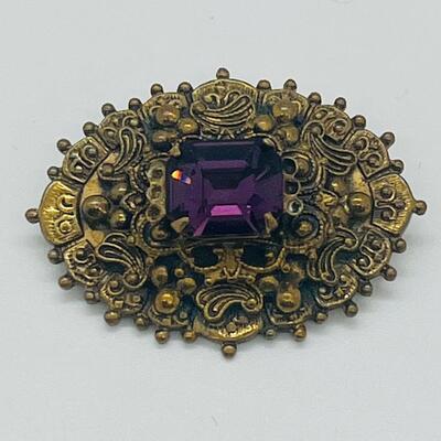 Lot 72: Ornate Antique/Vintage Costume Brooch w/ Purple Glass Center