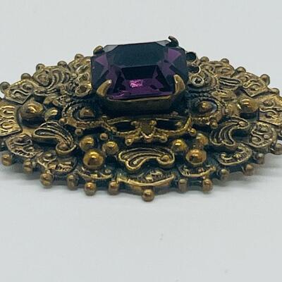 Lot 72: Ornate Antique/Vintage Costume Brooch w/ Purple Glass Center