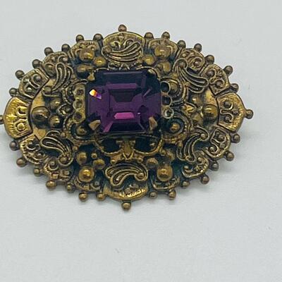 Lot 72: Ornate Antique/Vintage Costume Brooch w/ Purple Glass Center