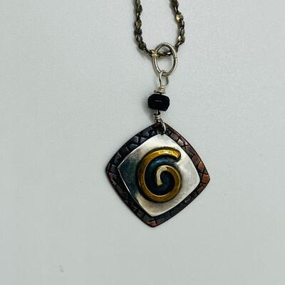Lot 87: Gardella Sterling, Copper and Brass Pendant and Earring Set