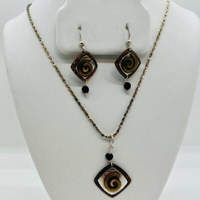 Lot 87: Gardella Sterling, Copper and Brass Pendant and Earring Set