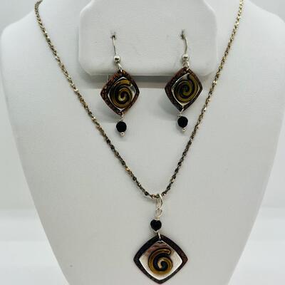 Lot 87: Gardella Sterling, Copper and Brass Pendant and Earring Set