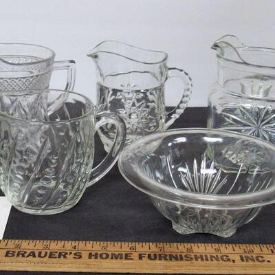 Lot of Glass Milk Pitchers and Small Mixing Bowl