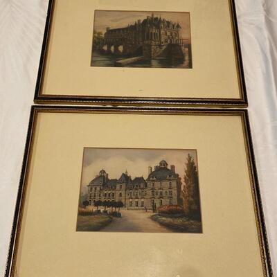 Pair of Vintage Colored Engravings of European Manors