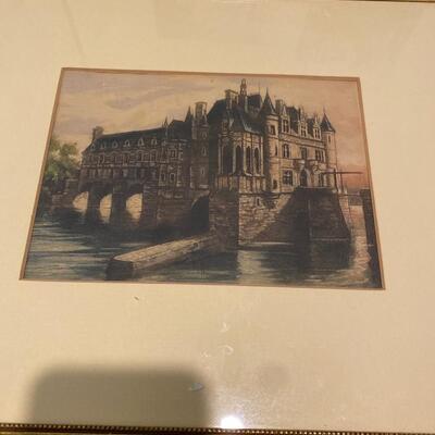 Pair of Vintage Colored Engravings of European Manors