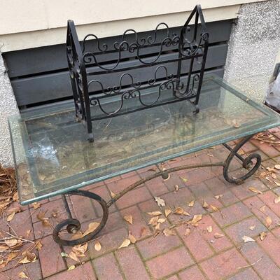 Wrought Iron Glass Top Coffee Table with Iron Planter