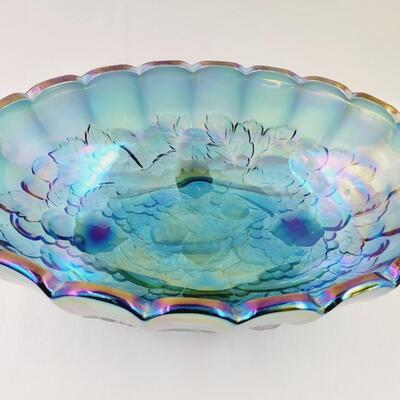 INDIANA CARNIVAL GLASS OVAL HARVEST GRAPE DECOR BOWL FOOTED 12 IN