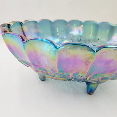 INDIANA CARNIVAL GLASS OVAL HARVEST GRAPE DECOR BOWL FOOTED 12 IN
