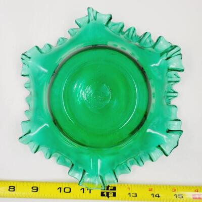 VINTAGE GREEN RUFFLED GLASS BOWL