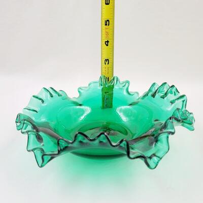 VINTAGE GREEN RUFFLED GLASS BOWL