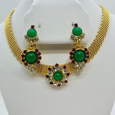 Lot 105: Vintage Faux Jade& Clear/ Pink Rhinestone Crystal Choker, Brooch and Clip-on Earrings Set