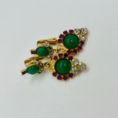 Lot 105: Vintage Faux Jade& Clear/ Pink Rhinestone Crystal Choker, Brooch and Clip-on Earrings Set