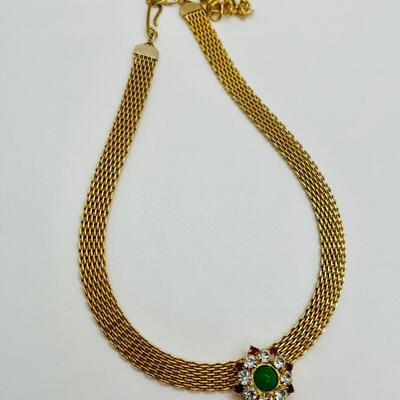 Lot 105: Vintage Faux Jade& Clear/ Pink Rhinestone Crystal Choker, Brooch and Clip-on Earrings Set