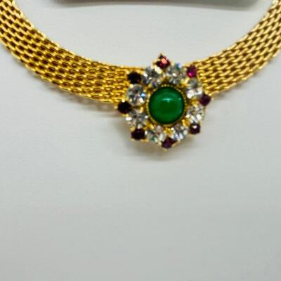 Lot 105: Vintage Faux Jade& Clear/ Pink Rhinestone Crystal Choker, Brooch and Clip-on Earrings Set